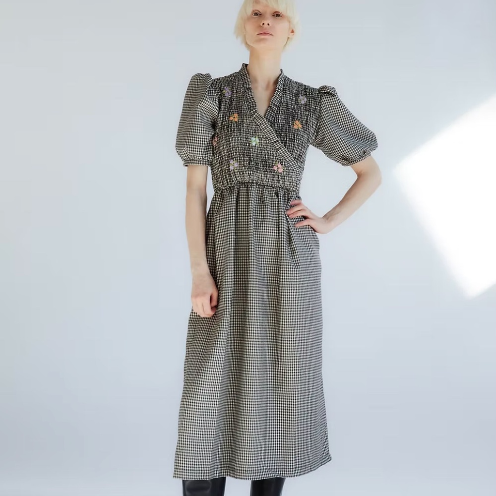 Tach Clothing Adelfa Smocked Wrap Dress in gingham embroidered floral Medium (G)